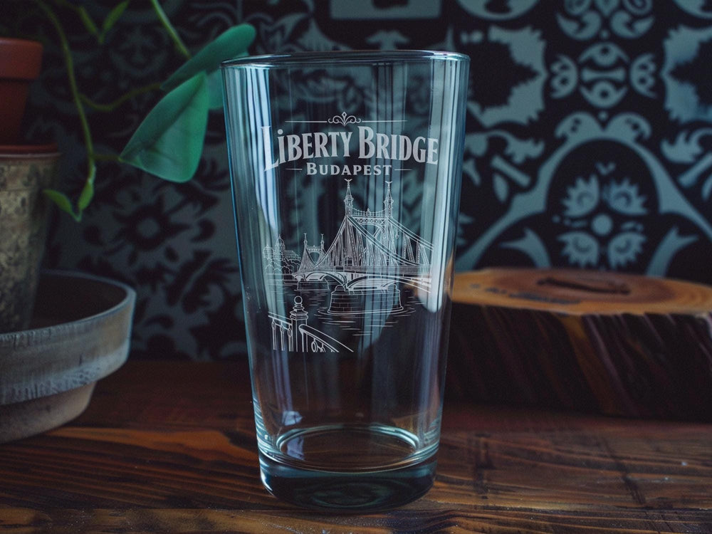 Liberty Bridge Budapest Pint Glass, Budapest Hungary Souvenir Beer Glass, Danube River Landmark Drinkware