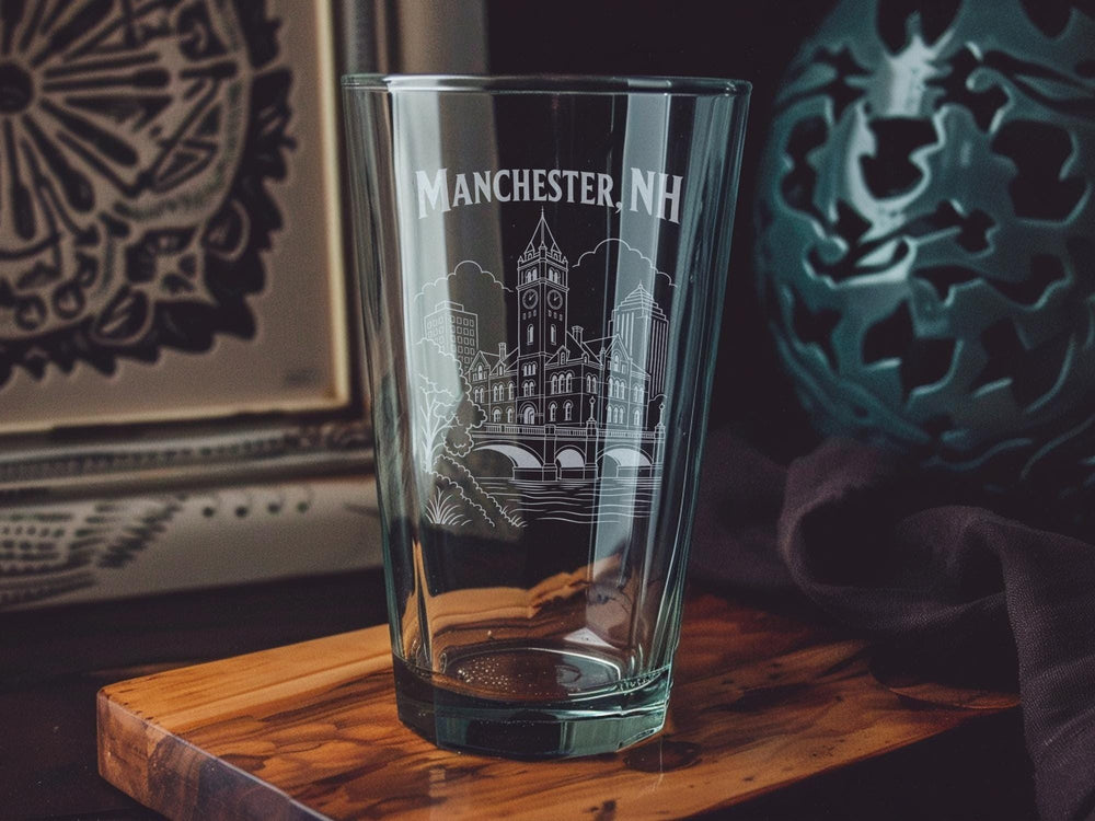 Manchester NH Pint Glass, Manchester New Hampshire Souvenir Beer Glass, Queen City NH Travel Gift, City Skyline Landmark Glassware