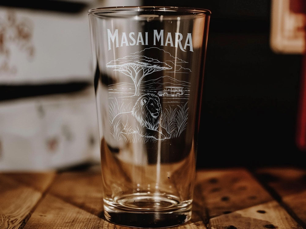 Masai Mara Pint Glass, Kenya Safari Wildlife Landscape Drinking Glass, African Savanna Adventure Souvenir Barware Gift