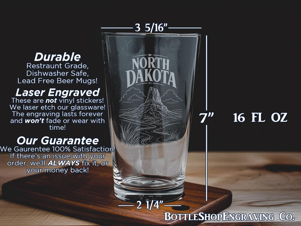 North Dakota Pint Glass, North Dakota State Souvenir Beer Glass, Fargo Bismarck Grand Forks Travel Gift, ND Barware