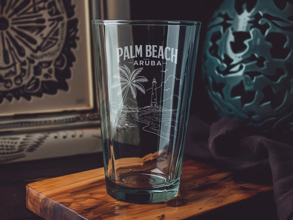 Palm Beach Aruba Pint Glass, Aruba Beach Souvenir Glass, Caribbean Travel Gift, Palm Beach Island Vacation Drinkware
