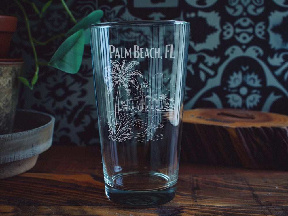 Palm Beach FL Pint Glass, Palm Beach Florida Souvenir Drinking Glass, Coastal Beach Vacation Gift, Florida Travel Bar Glass