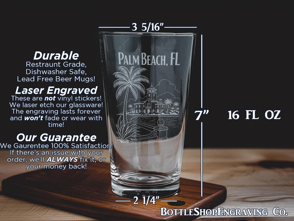 Palm Beach FL Pint Glass, Palm Beach Florida Souvenir Drinking Glass, Coastal Beach Vacation Gift, Florida Travel Bar Glass