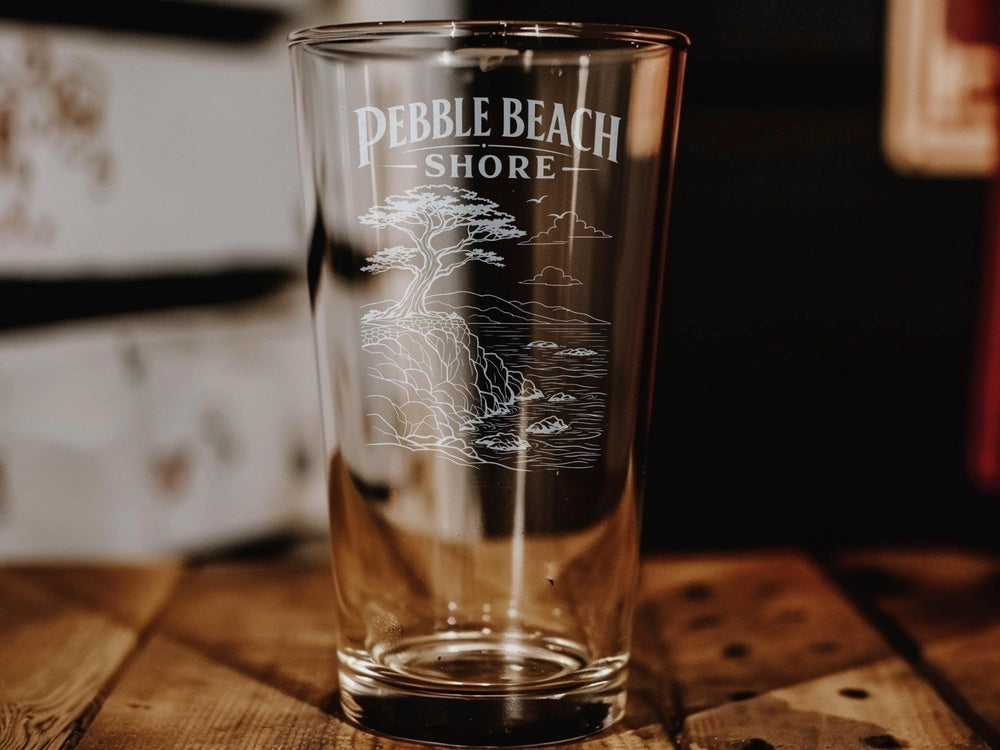 Pebble Beach Shore Pint Glass, Coastal Beach Scene Drinking Glass, Ocean Waves Seaside Gift, California Beach Lover Barware