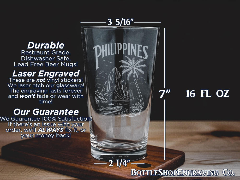 Philippines Pint Glass, Philippine Islands Souvenir Beer Glass, Philippines Travel Gift, Manila Cebu Palawan Boracay Drinkware