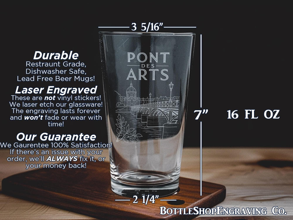 Pont des Arts Paris Pint Glass, Seine River Footbridge Souvenir Glass, Paris France Landmark Drinkware Gift