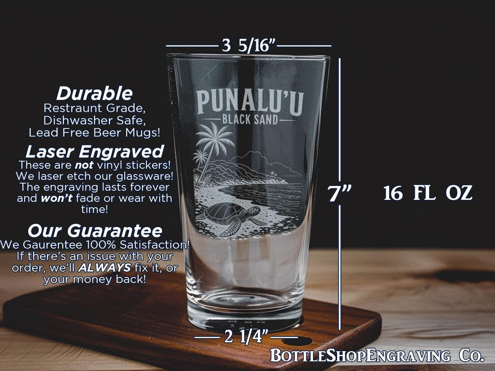 Punaluʻu Black Sand Beach Pint Glass, Hawaii Coastal Souvenir Drinkware, Sea Turtle Beach Scene Beer Glass