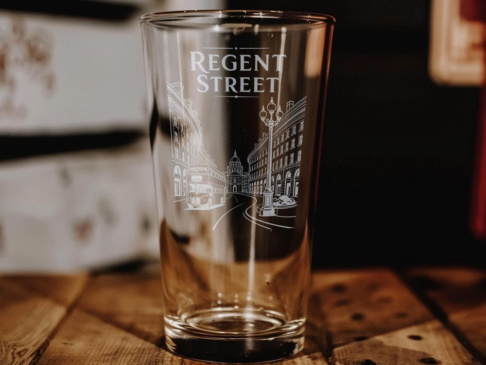 Regent Street Pint Glass, London Shopping Street Scene Drinkware, UK City Landmark Bar Glass, British Travel Souvenir Gift