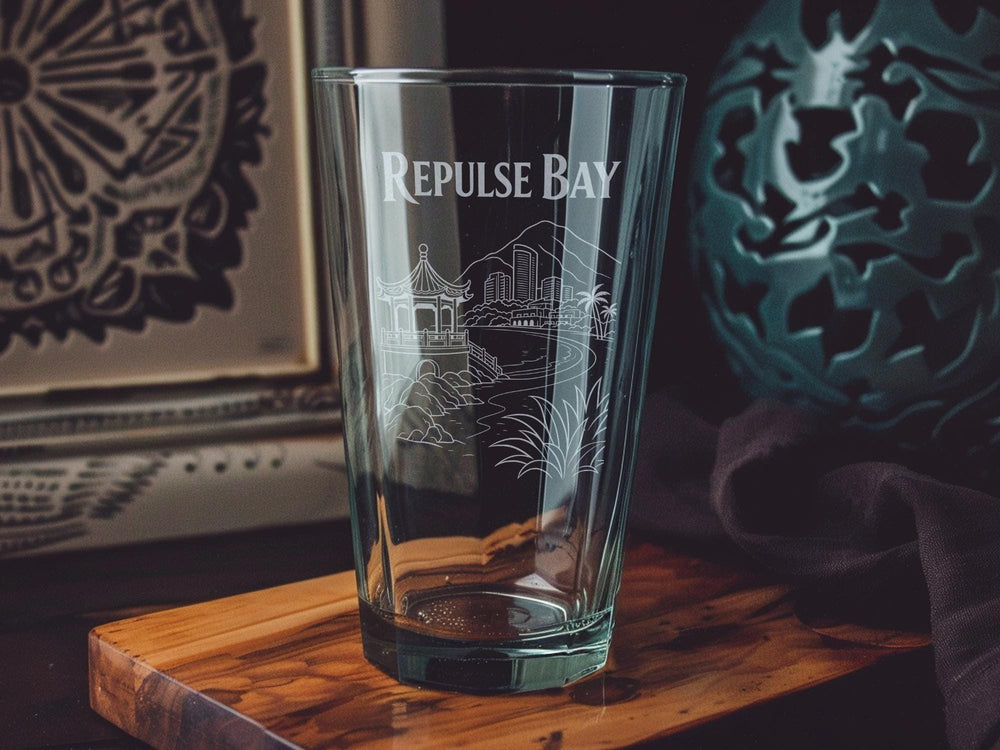 Repulse Bay Pint Glass, Hong Kong Beachfront Skyline Souvenir Drinking Glass, Coastal Harbor Travel Gift