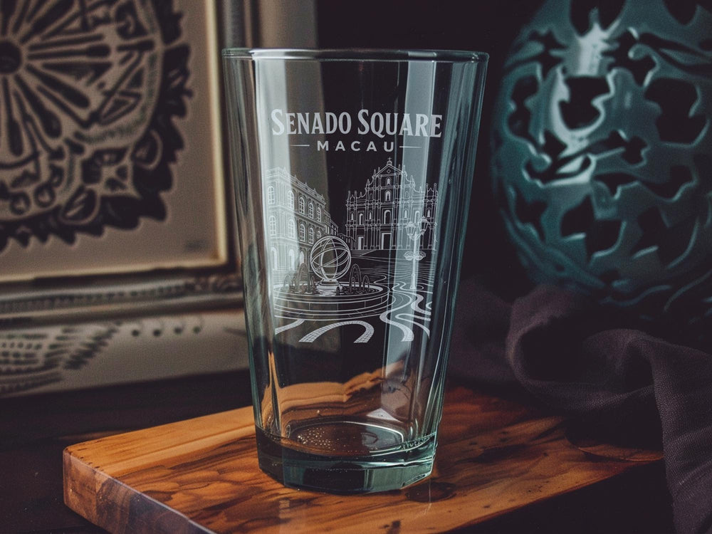 Senado Square Macau Pint Glass, Macau Landmark Souvenir Drinkware, Historic Portuguese Colonial Square Travel Gift