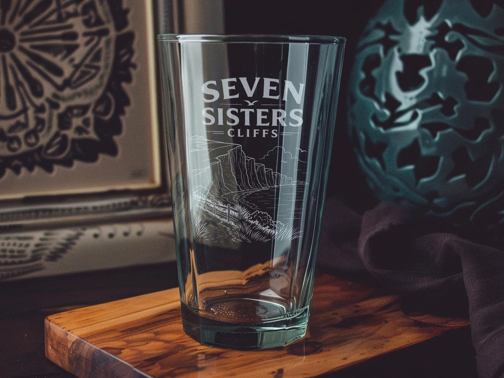 Seven Sisters Cliffs Pint Glass, English Coastline Souvenir Beer Glass, Sussex Chalk Cliffs Seaside Drinkware