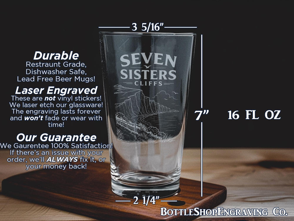 Seven Sisters Cliffs Pint Glass, English Coastline Souvenir Beer Glass, Sussex Chalk Cliffs Seaside Drinkware