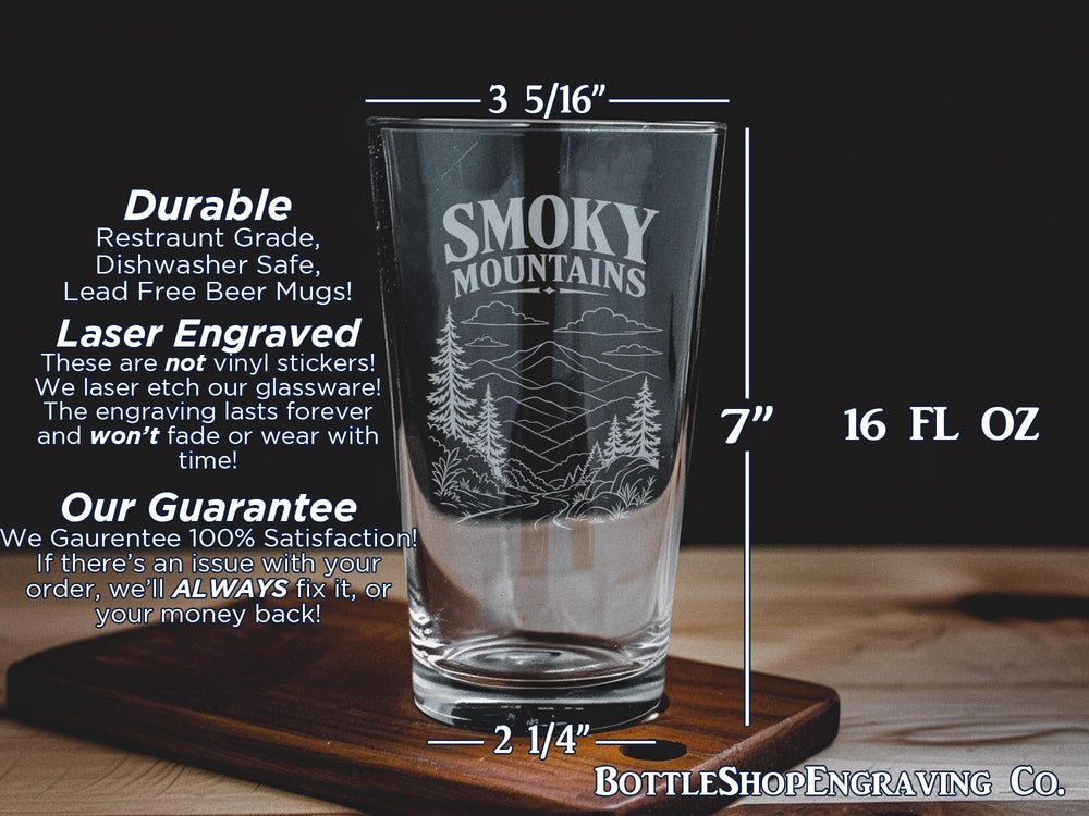 Smoky Mountains Pint Glass, Great Smoky Mountains Souvenir Beer Glass, Tennessee North Carolina Mountain Scenic Drinkware Gift