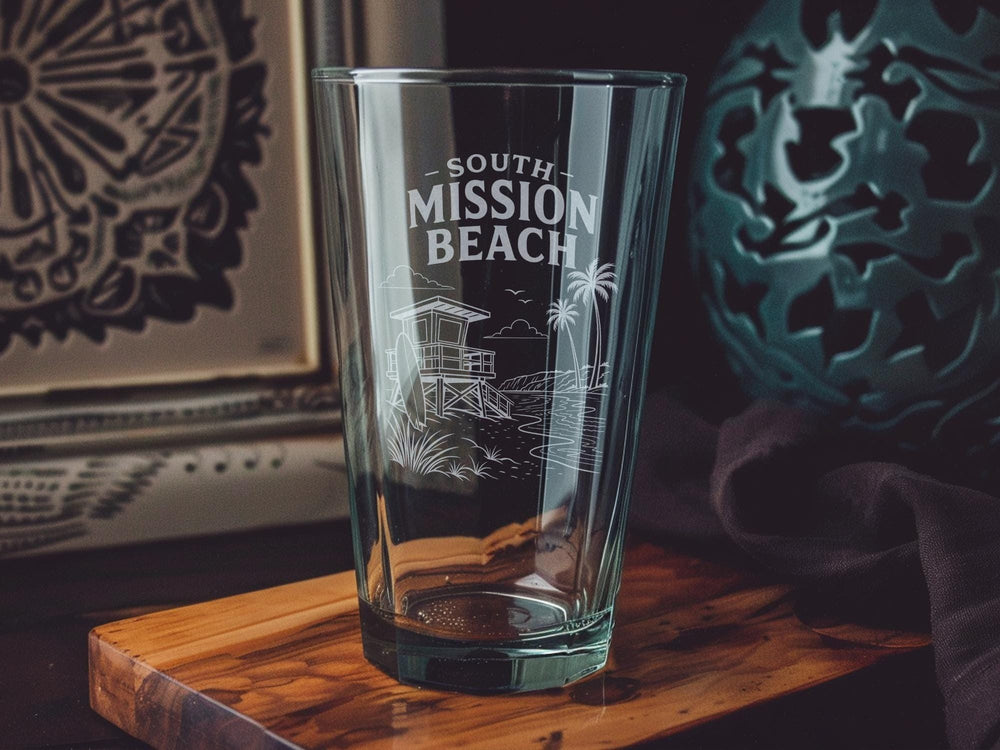 South Mission Beach Pint Glass, California Beach Souvenir Drinkware, Coastal San Diego Bar Glass, Oceanfront Vacation Keepsake