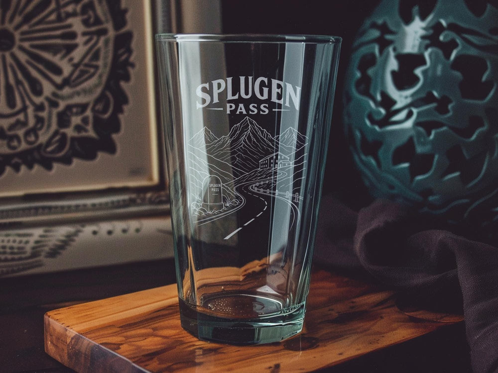Splugen Pass Pint Glass, Swiss Alpine Mountain Pass Souvenir Beer Glass, Travel Landmark Drinkware Gift