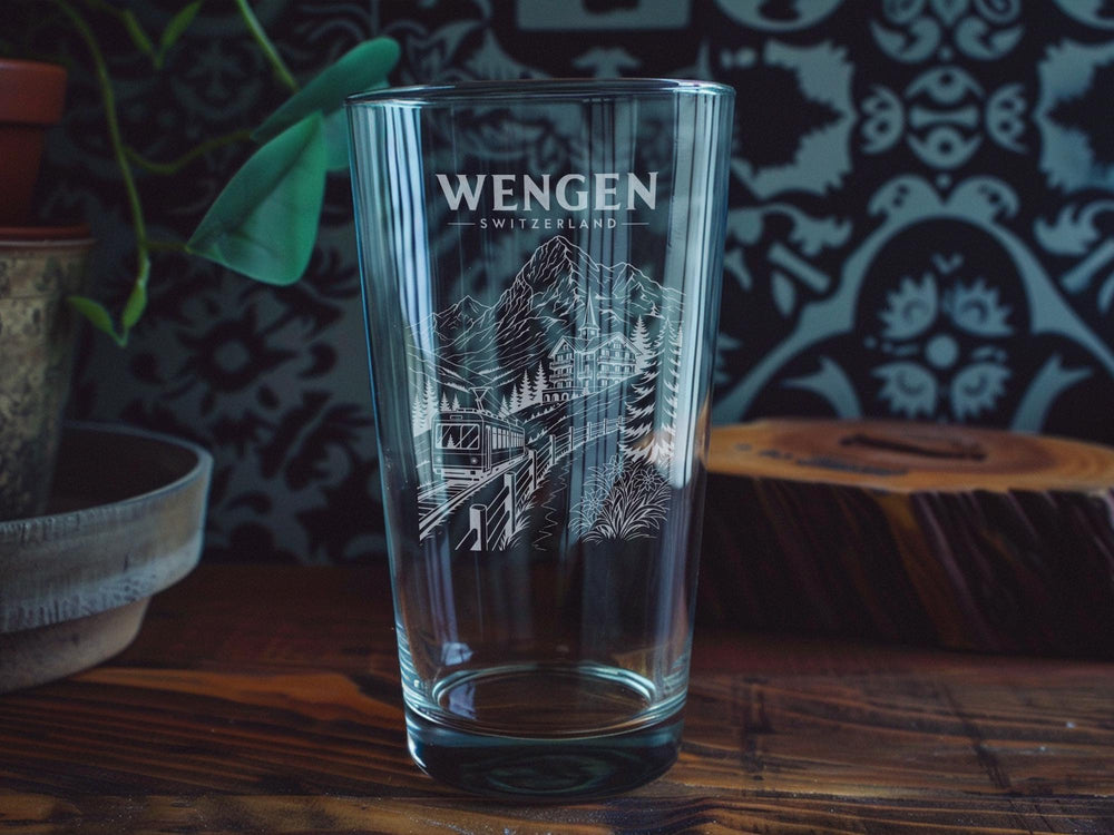 Wengen Switzerland Pint Glass, Swiss Alps Mountain Village Souvenir Beer Glass, Travel Gift, Alpine Ski Resort Barware