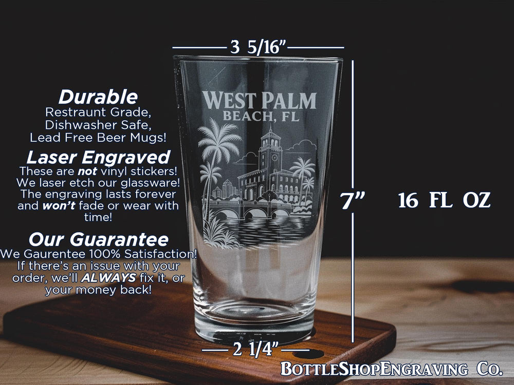 West Palm Beach FL Pint Glass, Florida Souvenir Drinkware, West Palm Beach Vacation Gift, Coastal City Keepsake Glass
