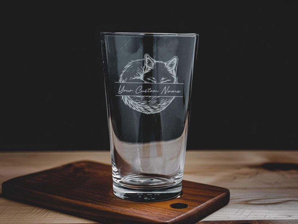 Engraved Sleeping Fox Pint Glass: Personalized Beer Gift