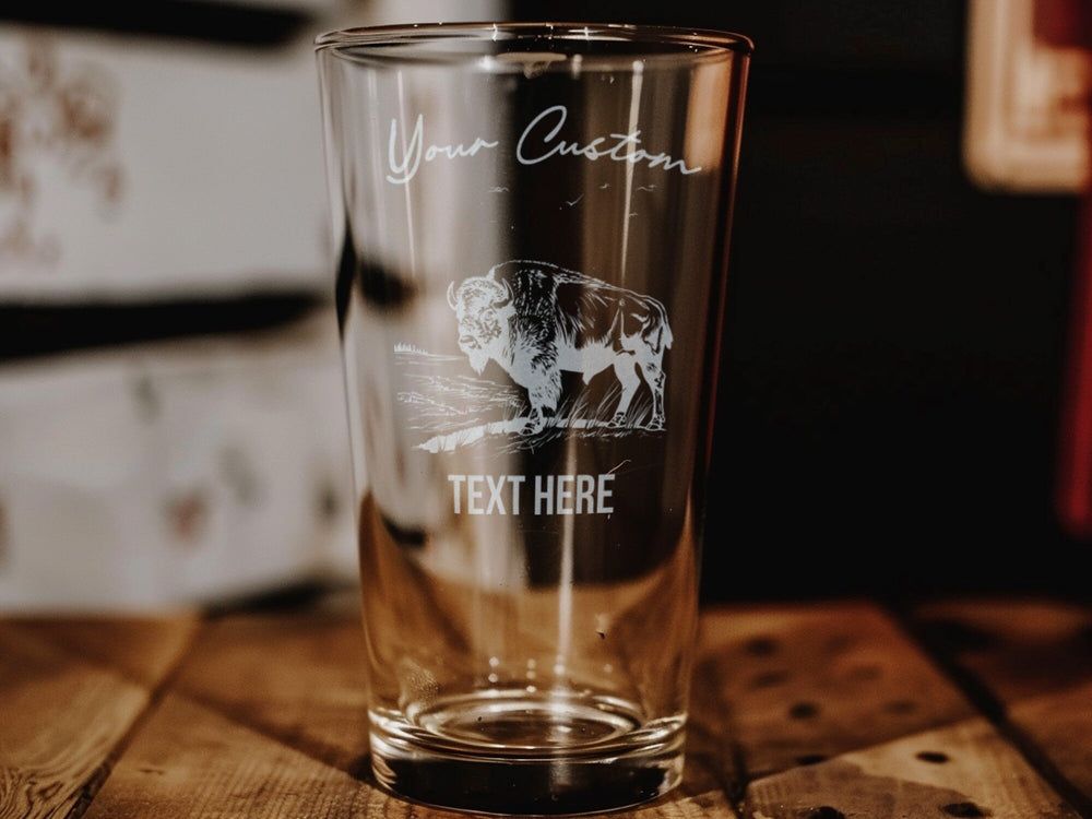 Bison Yellowstone Pint Glass: Engraved Wildlife Beer Glass