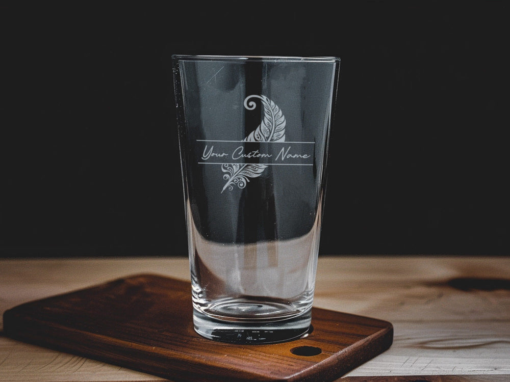 Feather Design Pint Beer Glass: Personalized Barware Gift