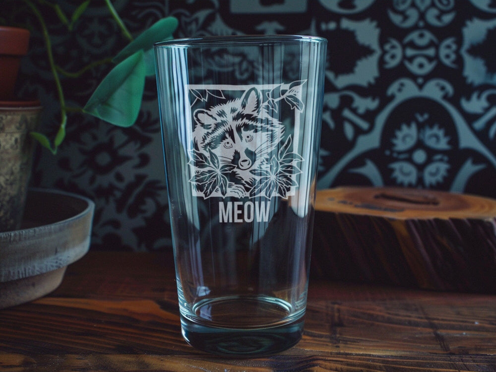 Raccoon Pint Glass, Peeking Raccoon, Leaf Design, Beer Lover Gift, Unique Barware