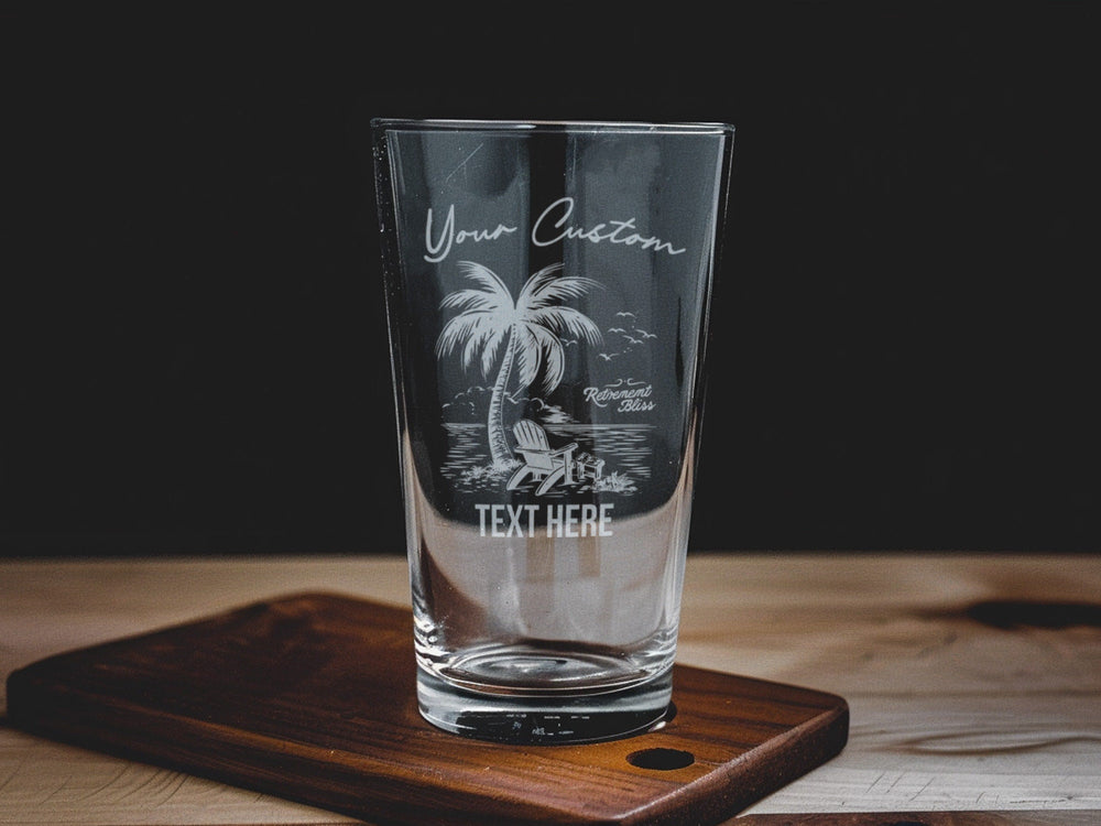 Retirement Bliss Pint Glass, Beach Scene, Palm Tree, Beer Lover Gift, Home Bar Essential
