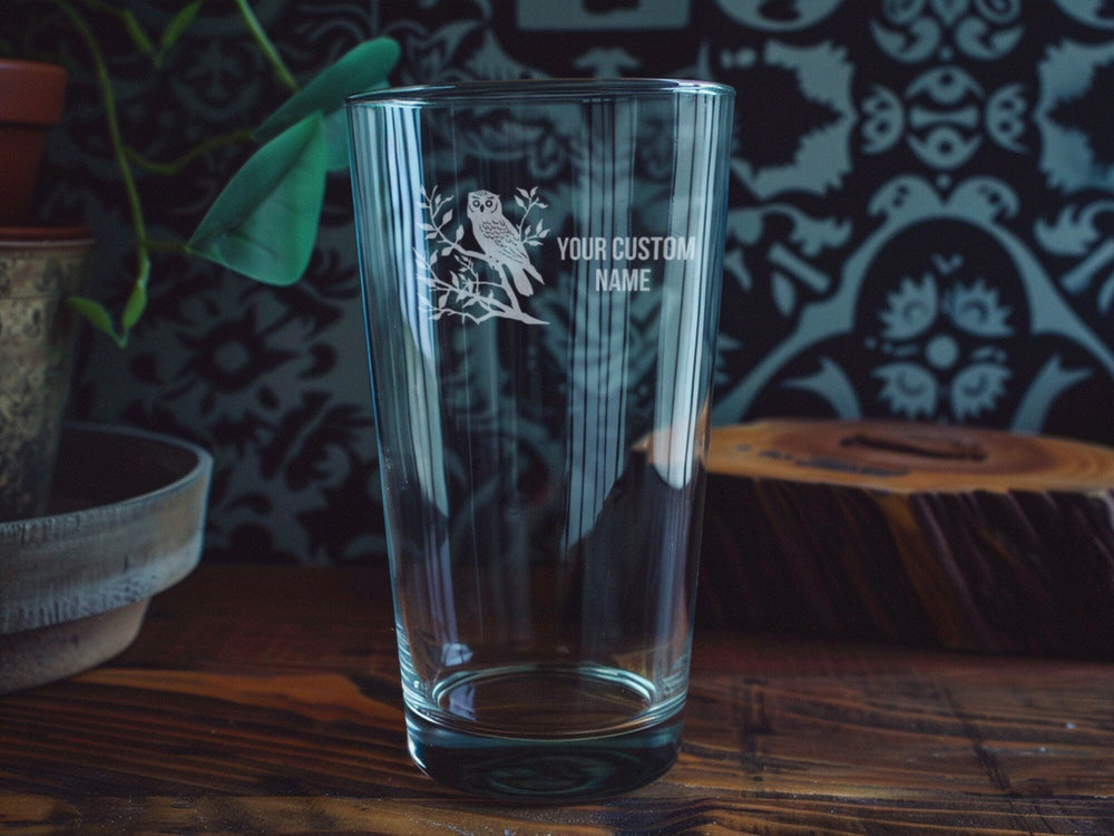 Owl Engraved Pint Glass: Personalized Beer Glass, Barware Gift