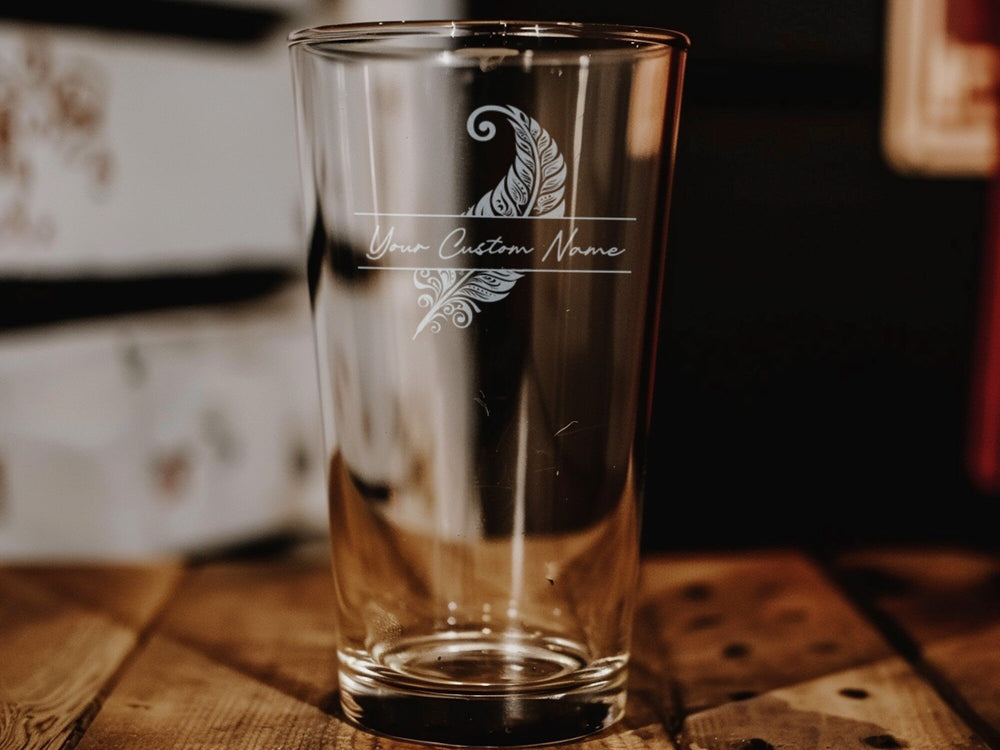 Feather Design Pint Beer Glass: Personalized Barware Gift