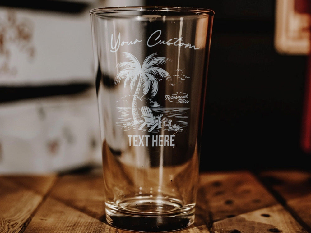 Retirement Bliss Pint Glass, Beach Scene, Palm Tree, Beer Lover Gift, Home Bar Essential