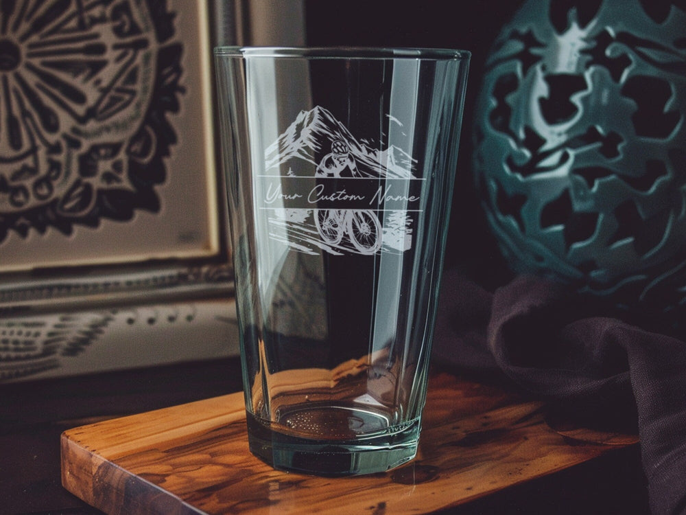 Mountain Biking Pint Glass, Cyclist Racing, Downhill Trail, Beer Lover Gift, Outdoor Adventure
