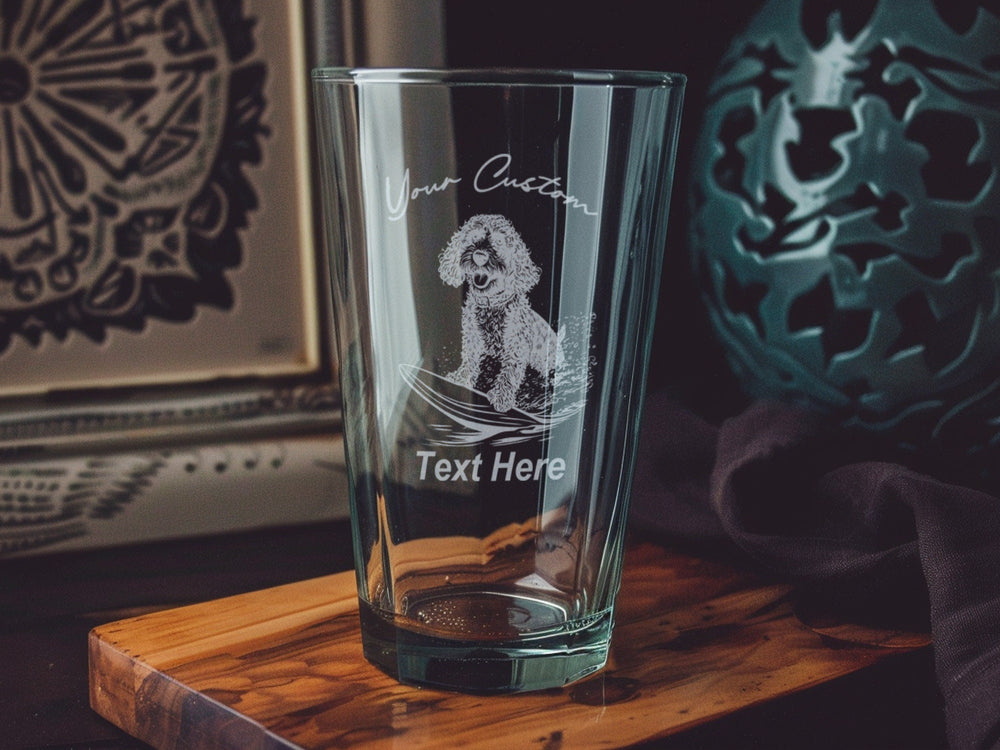 Portuguese Water Dog Surfing Pint Glass, Pet Lover Gift, Beach Theme Decor, Unique Drinkware