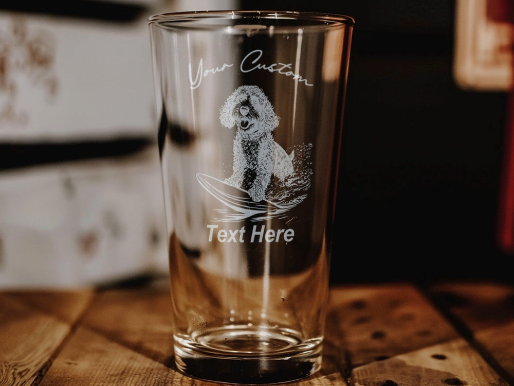 Portuguese Water Dog Surfing Pint Glass, Pet Lover Gift, Beach Theme Decor, Unique Drinkware