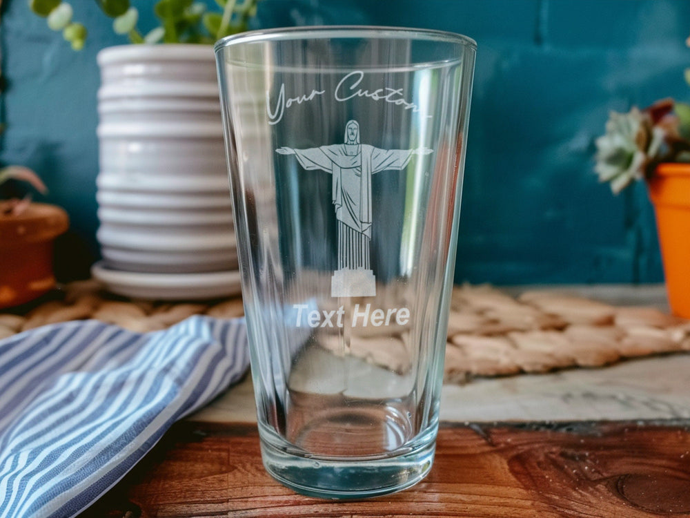 Brazilian Christ the Redeemer Pint Glass, Rio Souvenir, Brazil Landmark, Unique Barware, Religious Gift