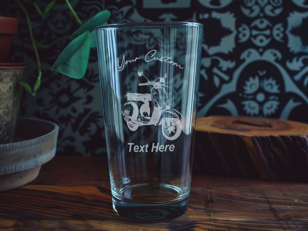 Engraved Vespa Scooter Pint Glass: Personalized Barware Gift