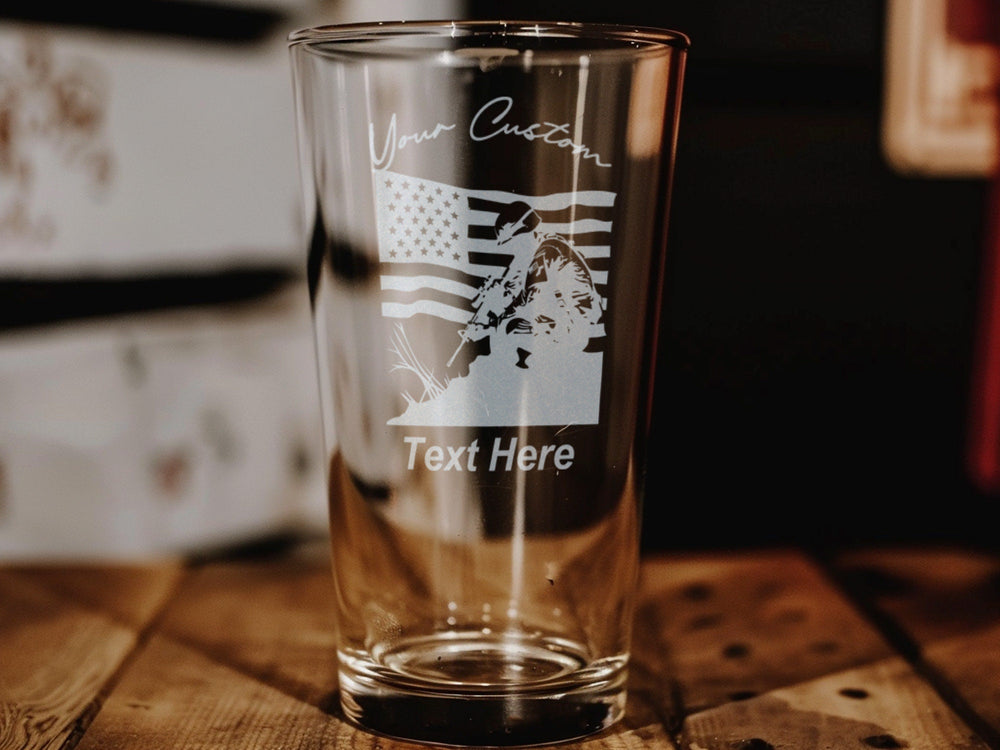 Personalized Military Pint Glass: Laser Engraved Patriotic Beer Cup