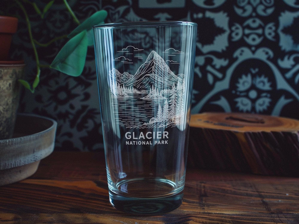 Glacier National Park Pint Glass – Scenic Mountain Landscape, Forest, and Wildlife Souvenir Drinkware