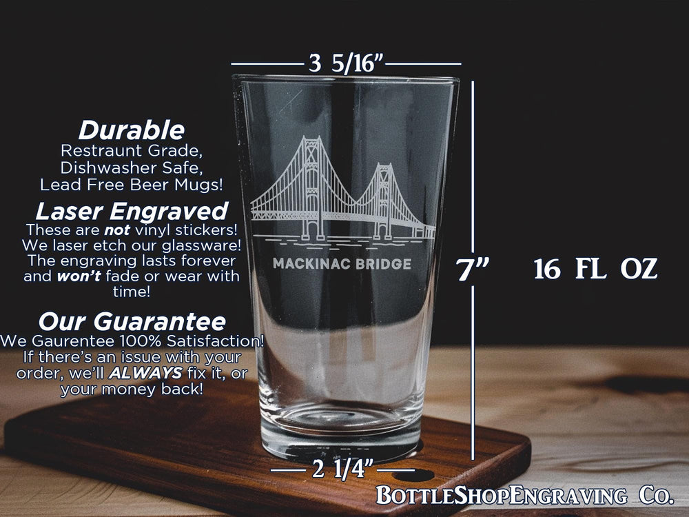 Mackinac Bridge Pint Glass: Michigan Souvenir Beer Glass