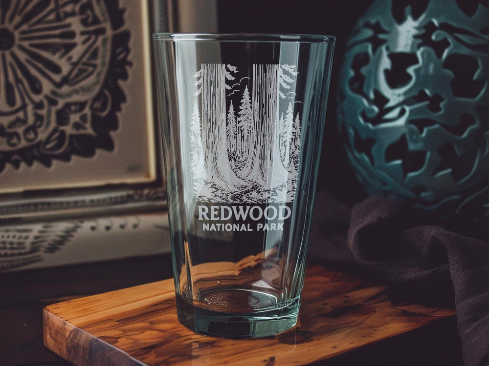 Redwood National Park Pint Glass – Scenic Forest Landscape with Towering Redwoods and Nature Design