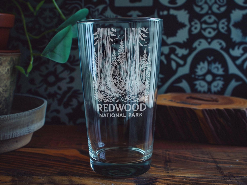 Redwood National Park Pint Glass – Scenic Forest Landscape with Towering Redwoods and Nature Design