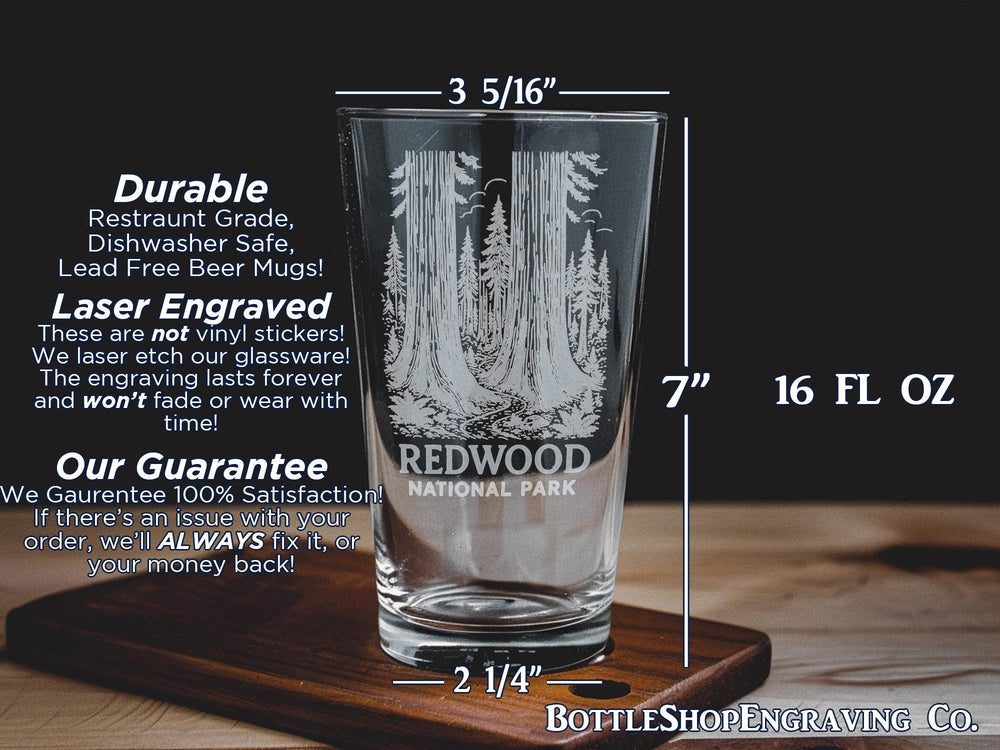 Redwood National Park Pint Glass – Scenic Forest Landscape with Towering Redwoods and Nature Design