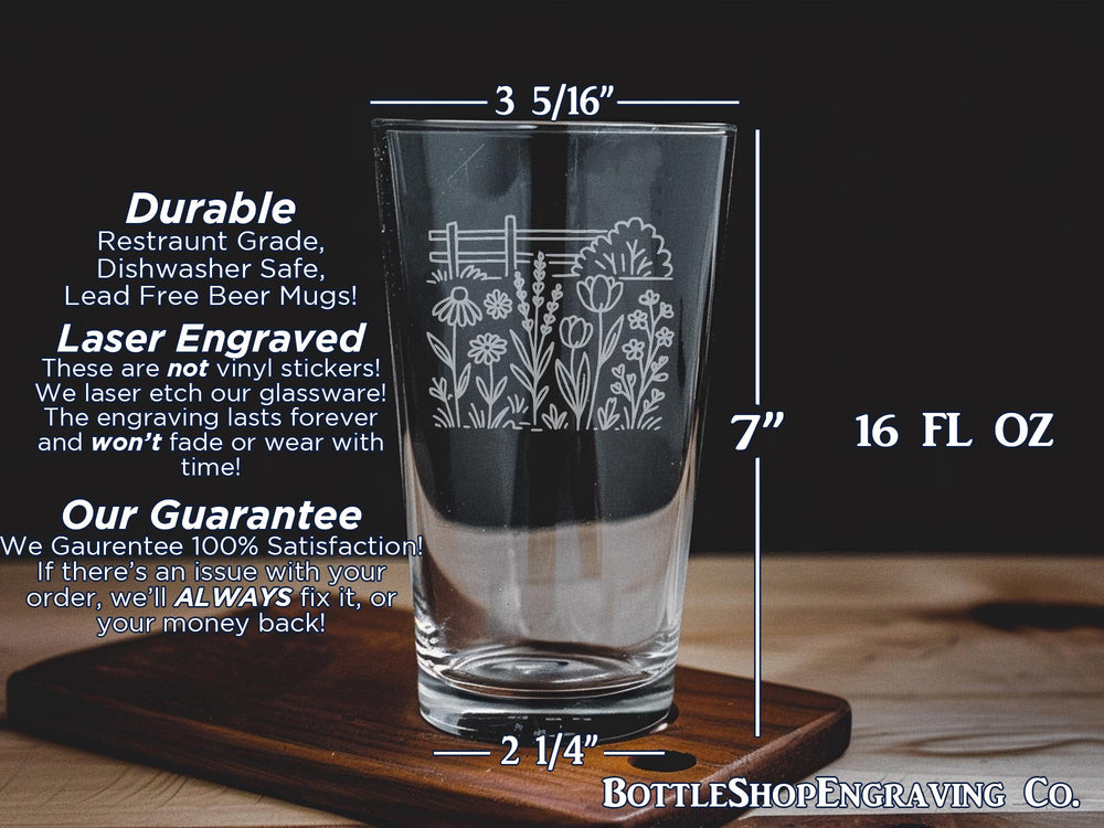 Rustic Wildflower Garden Pint Glass: Engraved Drinkware Gift