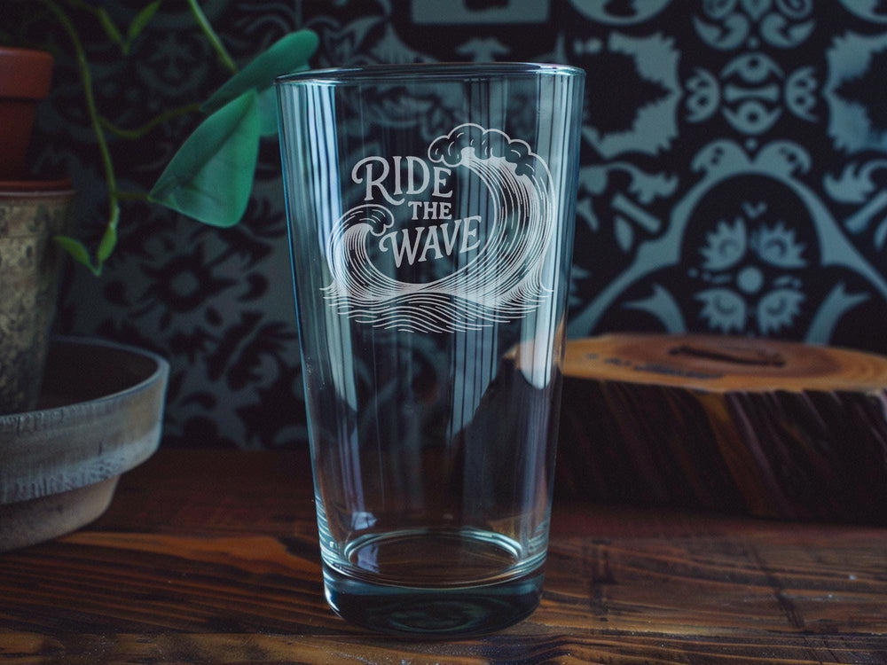 Ride the Wave Ocean Waves Pint Glass – Curling Sea Wave Design with Inspirational Surf Phrase