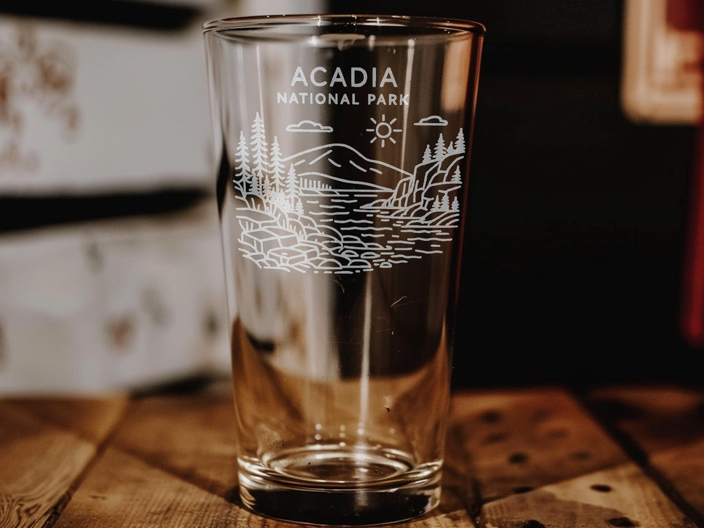 Acadia National Park Pint Glass – Scenic Mountains, Pine Trees & Coastline Design – Nature Lover Gift