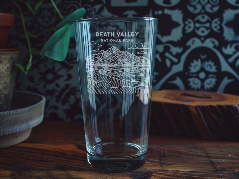 Death Valley National Park Pint Glass – Iconic Desert Landscape, Sand Dunes, Mountains, and Scenic View Design