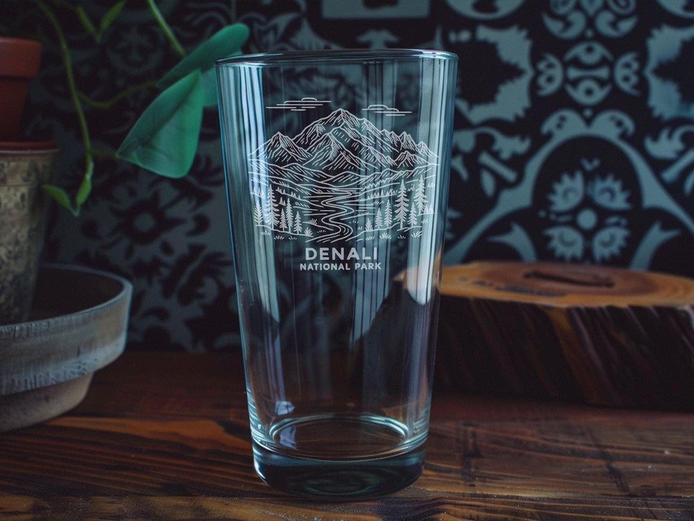 Denali National Park Pint Glass – Mountain Landscape with Wildlife and Scenic Nature Design