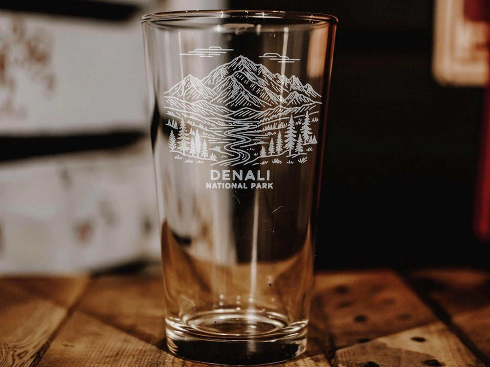 Denali National Park Pint Glass – Mountain Landscape with Wildlife and Scenic Nature Design