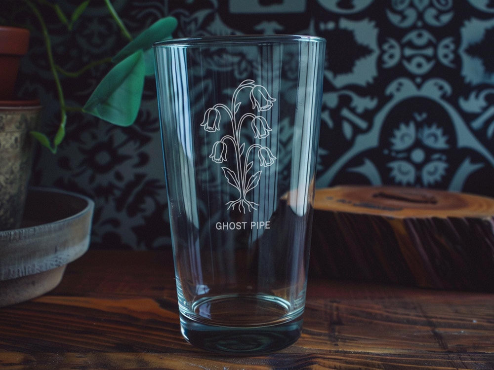 Ghost Pipe Flower Pint Glass – Unique Botanical Wildflower Glassware – Nature Lover Gift – Ethereal Plant Drinking Glass
