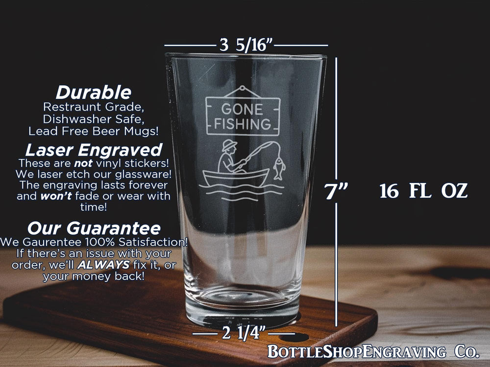 Gone Fishing Pint Glass: Laser Engraved Fisherman & Trout Scene