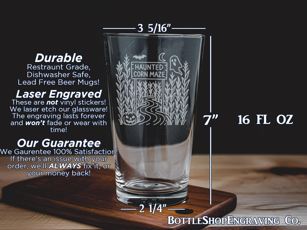 Haunted Corn Maze Pint Glass: Spooky Fall Farm Scene