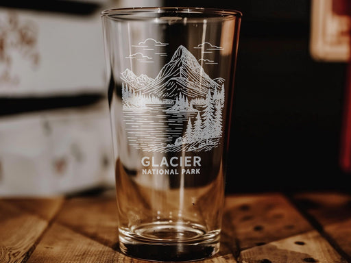 Glacier National Park Pint Glass – Scenic Mountain Landscape, Forest, and Wildlife Souvenir Drinkware